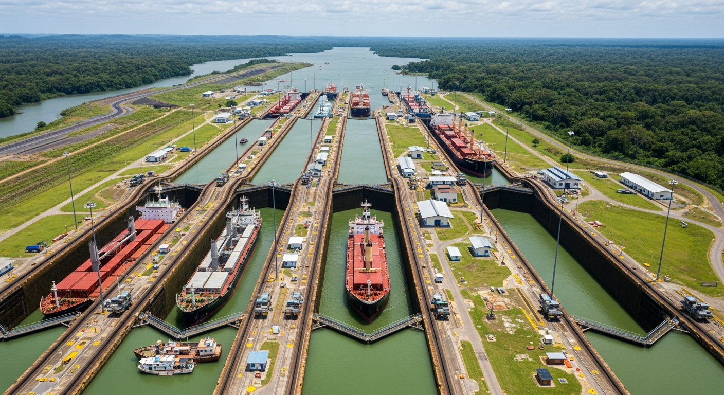 Aerial view of the Panama Canal with ships in locks