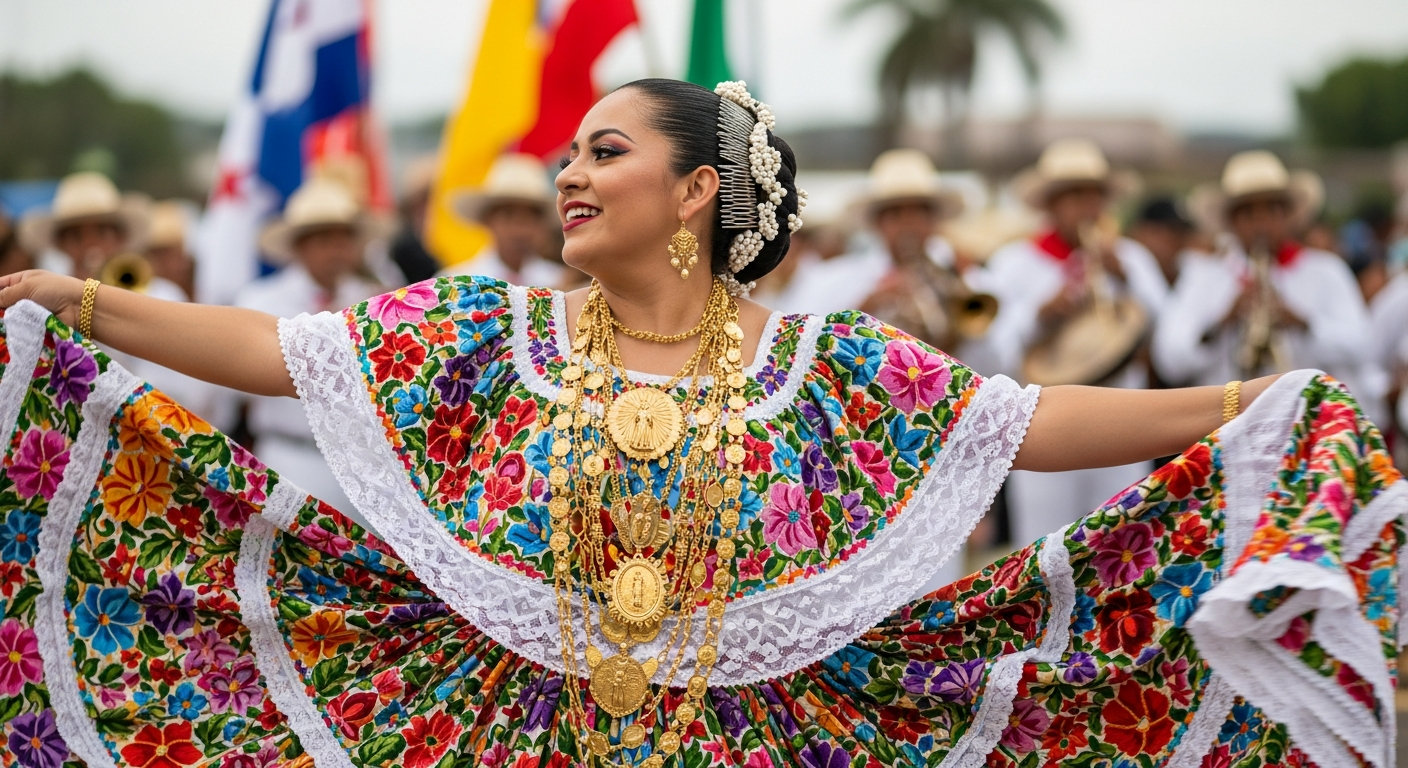 Traditional Panamanian dancer in pollera dress